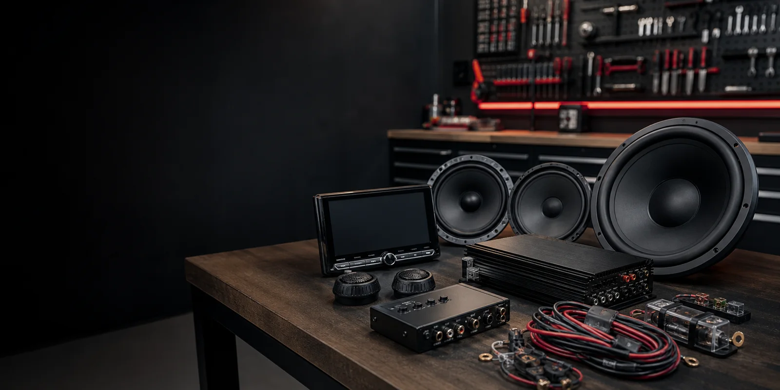 Car audio components arranged on an installer workbench